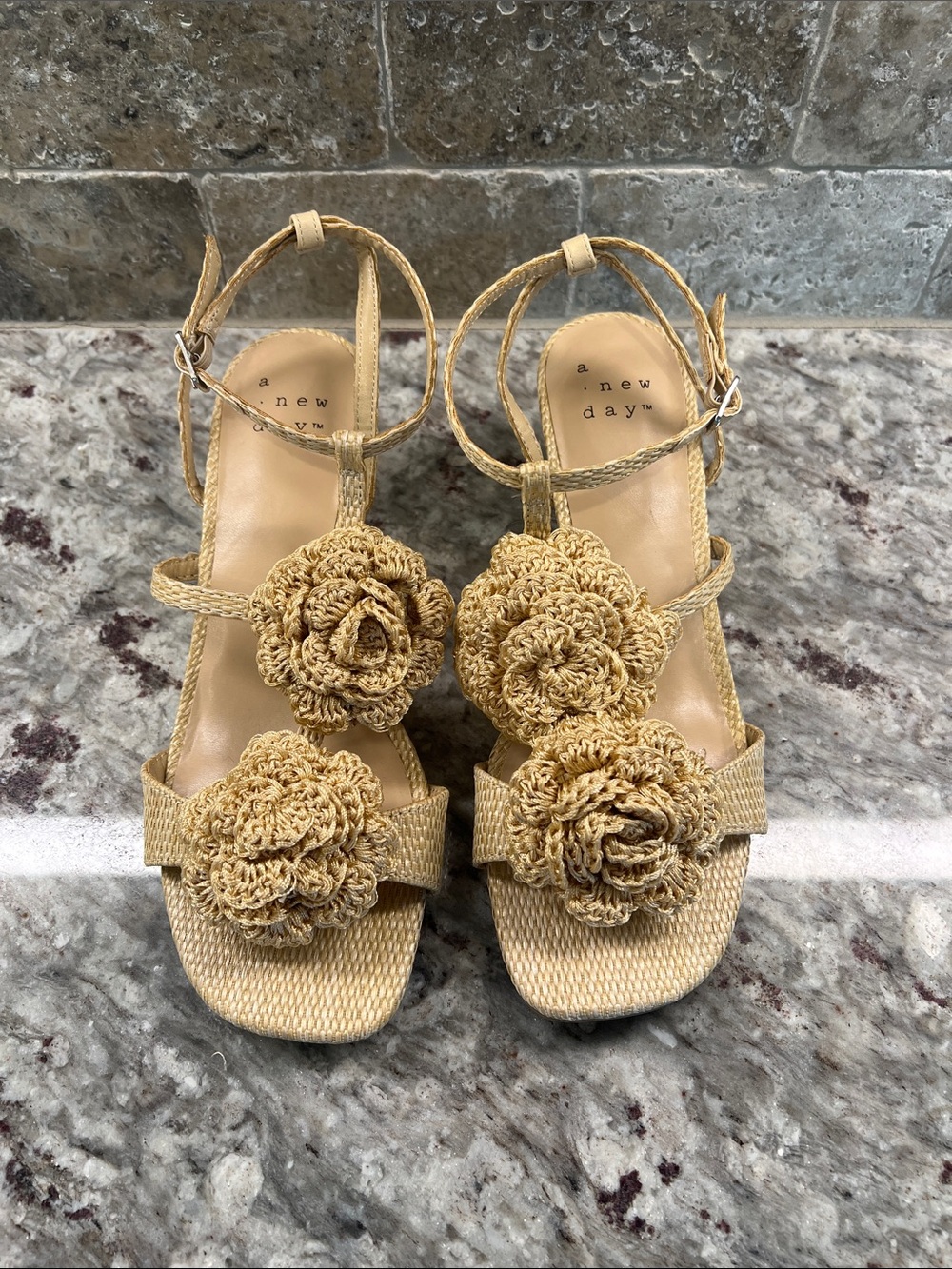a new day Beige Crochet Flower Strap Wedge Sandals